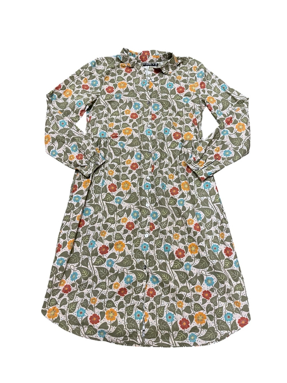 Gudrun Sjoden Cotton Floral Long Sleeve Button Down Midi Dress